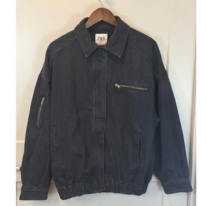 ZARA Black Cotton Denim Bomber Jacket Distressed Oversized Size M/L